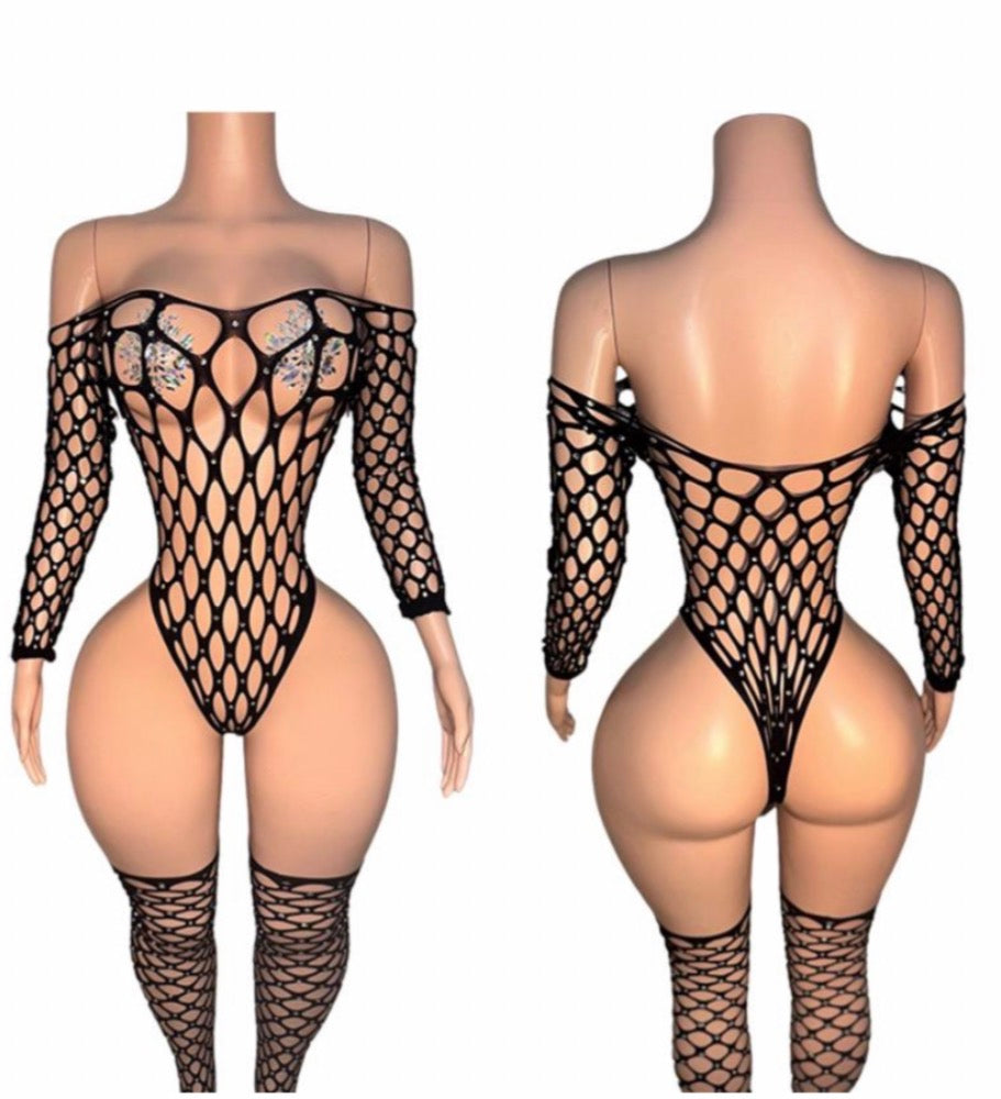Black Rhinestone Bodysuit One-Piece