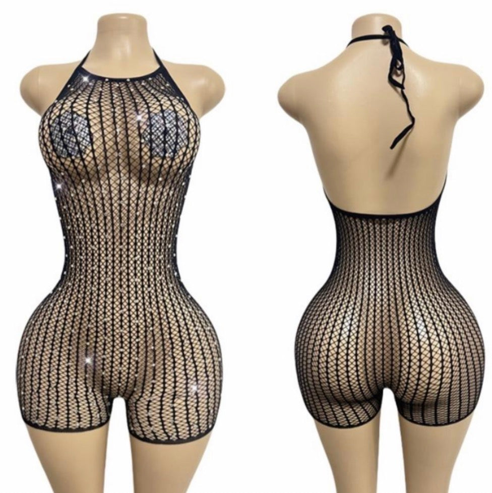Black Rhinestone Backout Bodysuit